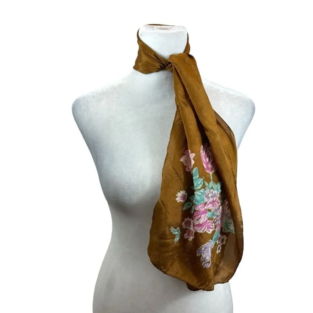 Vintage 1960’s Vera Neumann Silk Tout Soie‎ Ling Bronze Floral Scarf
